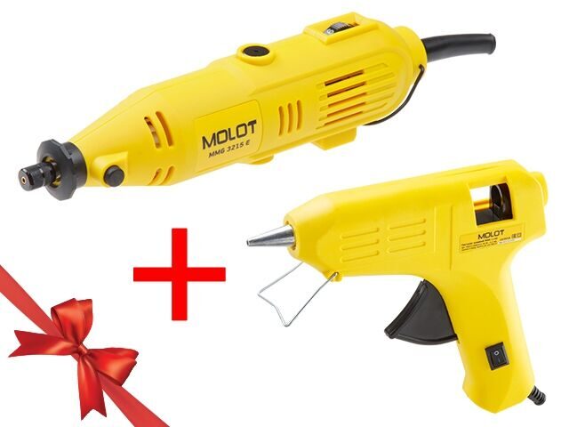 Гравер электрический MOLOT MMG 3215 E в чем.+ аксессуары +  АКЦИЯ! (клеевой пистолет MOLOT) (150 Вт, 8000 - 32500 об/мин, цанга 3.2 мм. клеевой пистол